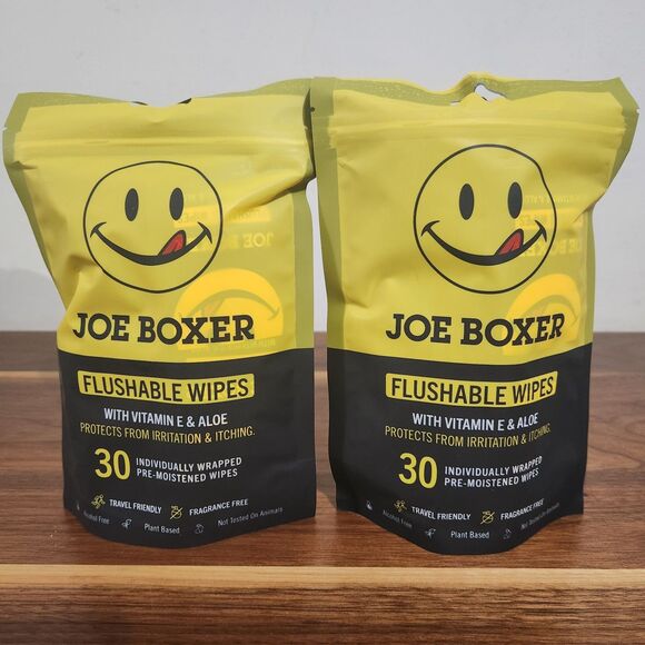 Joe Boxer Flushable Wipes 60 Total Individually Wrapped 2 Bags Vitamin E Aloe - Picture 1 of 3